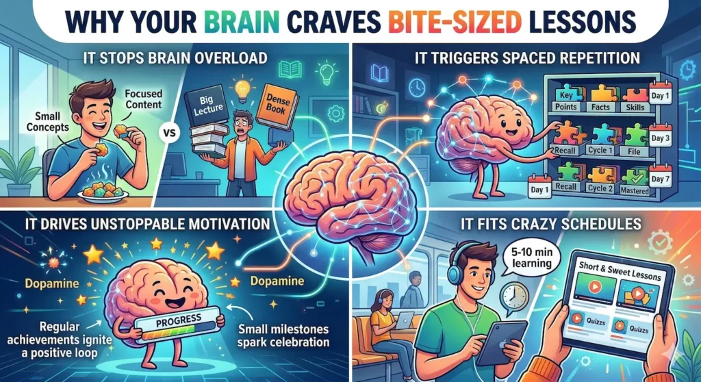 An infographic titled ‘Why Your Brain Craves Bite-Sized Lessons’ divided into four quadrants. It illustrates how microlearning stops brain overload, triggers spaced repetition for better recall, drives motivation through dopamine and small milestones, and fits into busy schedules.