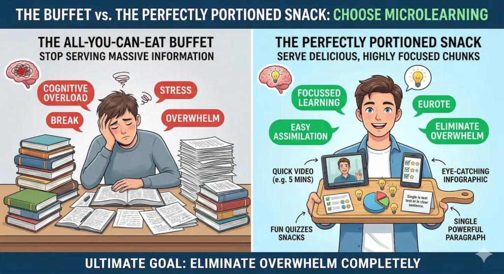 An infographic titled ‘The Buffet vs. The Perfectly Portioned Snack.’ The left side illustrates ‘The All-You-Can-Eat Buffet’ with a student stressed by piles of books and cognitive overload. The right side shows ‘The Perfectly Portioned Snack’ with a happy student holding a tray of bite-sized learning tools like 5-minute videos, quizzes, and single paragraphs.