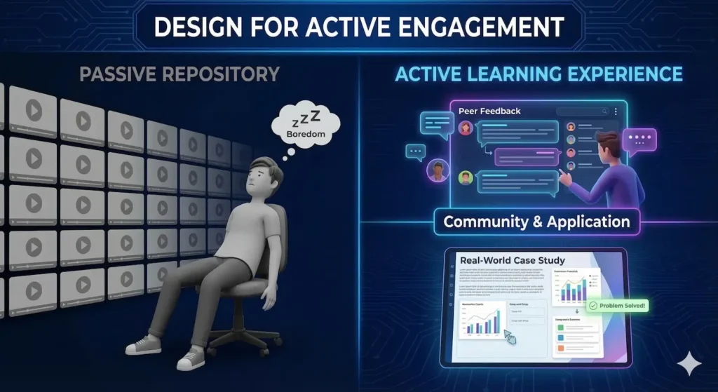 Infographic titled ‘DESIGN FOR ACTIVE ENGAGEMENT’ contrasting a ‘Passive Repository’ with an ‘Active Learning Experience’. The left side, in dull gray, shows a bored person sleeping in front of a wall of video icons with a thought bubble saying ‘Boredom’. The right side, in neon blue and purple, shows an engaged person interacting with digital interfaces for ‘Peer Feedback’ and a ‘Real-World Case Study’ on a tablet, with a ‘Problem Solved!’ notification. The section is labeled ‘Community & Application’.