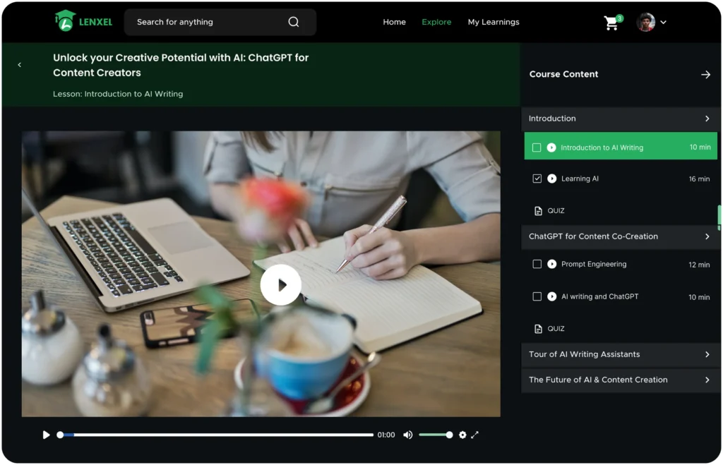 A screenshot of the Lenxel LMS course player interface titled ‘Unlock your Creative Potential with AI.’ It features a central video player and a sidebar menu displaying a microlearning-optimized curriculum with lessons ranging from 10 to 16 minutes and integrated quizzes.