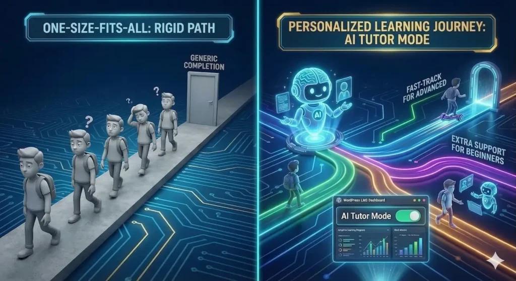 A split-screen 3D illustration titled ‘Personalize the Learning Journey with AI.’ The left side, ‘One-Size-Fits-All: Rigid Path,’ shows identical grey student avatars walking a dull, straight path toward a door labeled ‘Generic Completion,’ looking confused. The right side, ‘Personalized Learning Journey: AI Tutor Mode,’ features a friendly, glowing AI robot branching out vibrant neon paths for different learners. One path is labeled ‘Fast-Track for Advanced’ and features a student on a hoverboard; another is labeled ‘Extra Support for Beginners’ showing a student with an AI assistant. A ‘WordPress LMS Dashboard’ at the bottom shows ‘AI Tutor Mode’ toggled on with engagement analytics.